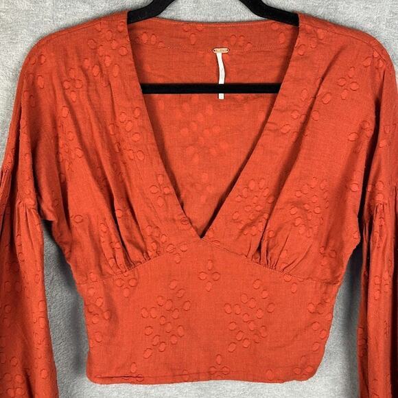 Free People Top Womens Extra Small Rust Long Sleeve Crop Peasant Boho Cottage - Picture 2 of 11